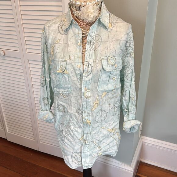 RARE Lands End *LINEN* Sample Sale Map Geography Compas Aqua Utility  Shirt - Picture 2 of 12